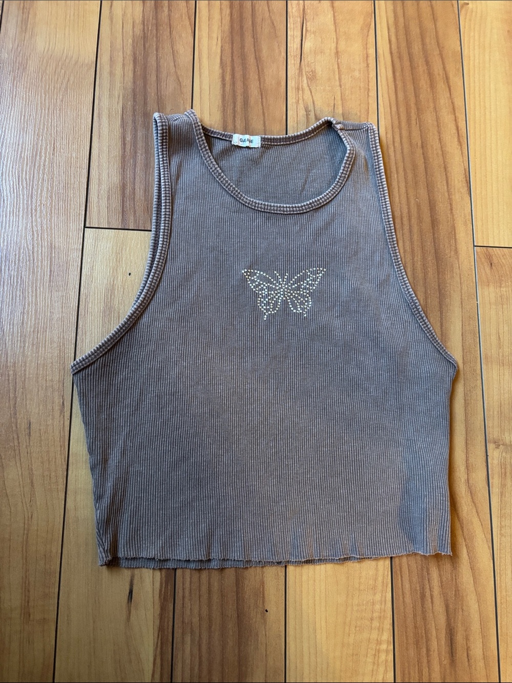 Garage Brown Ribbed Crop Tank with Rhinestone Butterfly